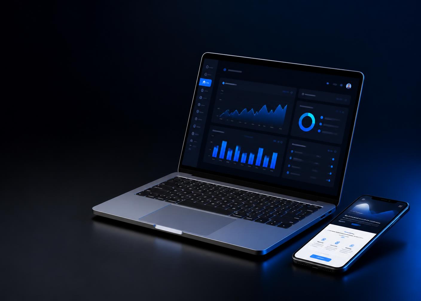 Laptop showing an analytics dashboard next to a phone displaying a responsive website