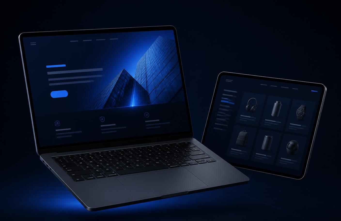 Laptop and tablet displaying a corporate website homepage and an online store